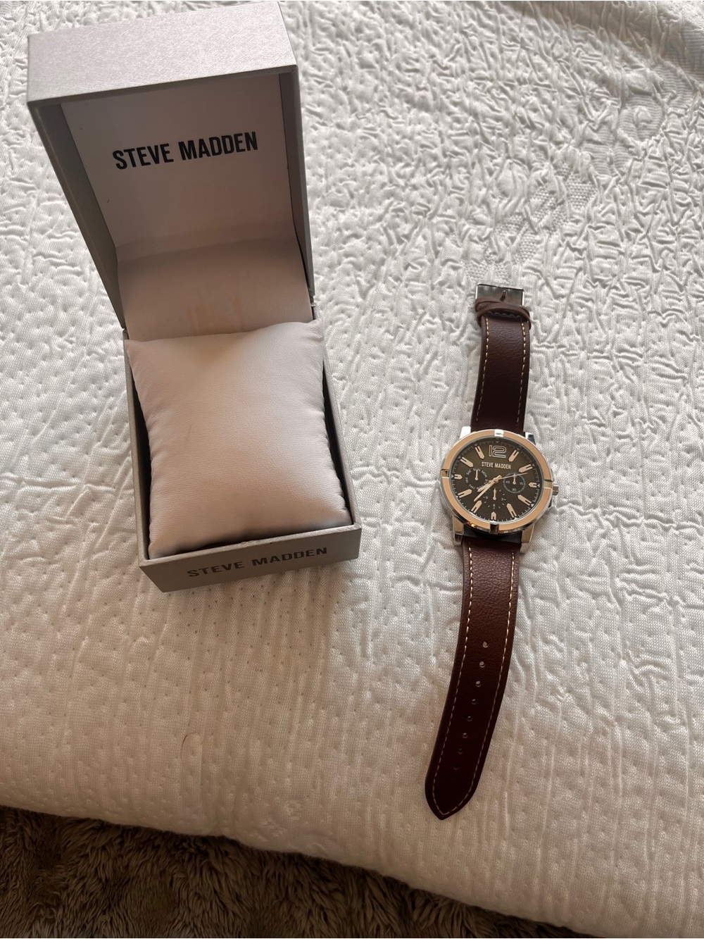 Steve Madden Brown Leather Strap Silver-Tone Men's Watch